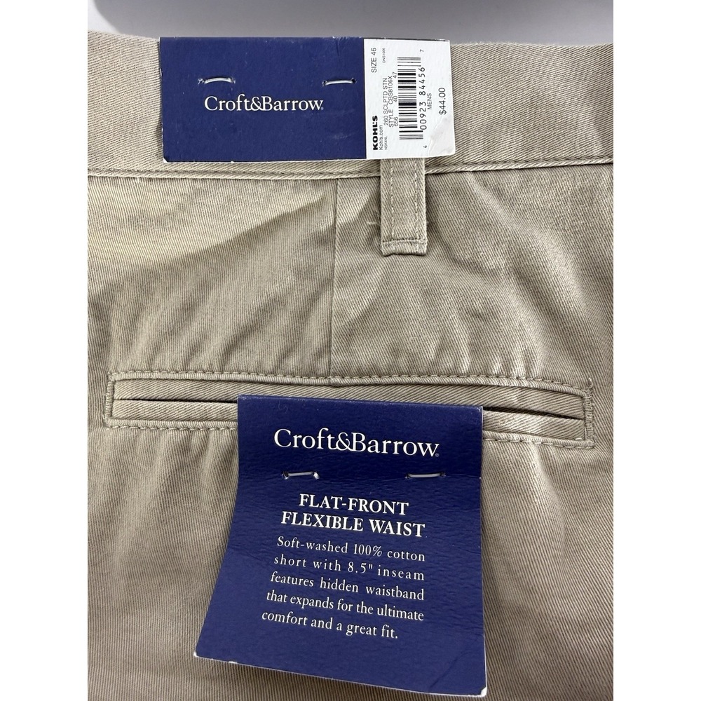 Croft & Barrow Mens Size 46 Flat Front Flex Chino Shorts Khaki Cotton Blend NWT